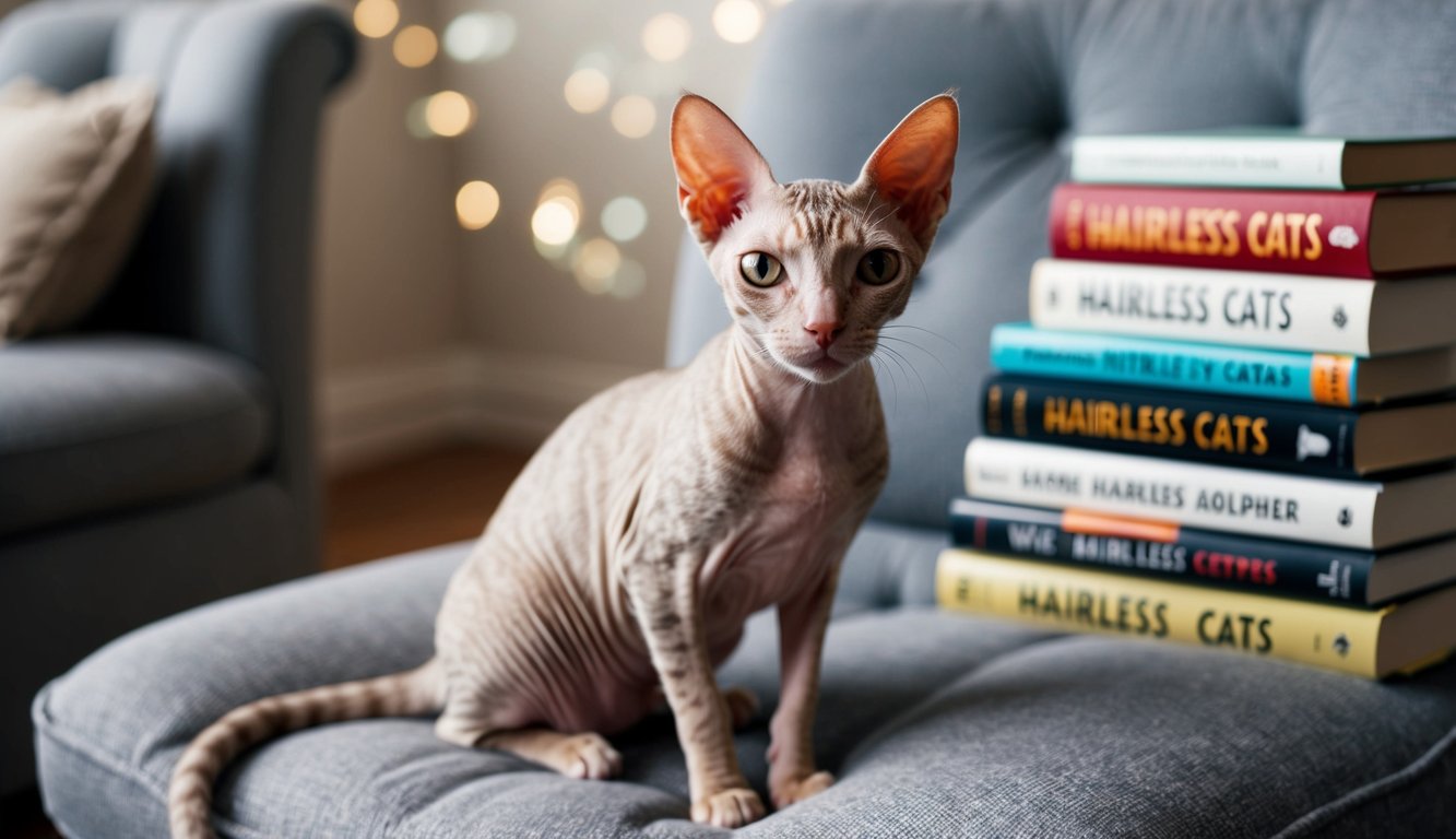 A hairless cat sitting on a cushioned chair, with a curious expression, and a stack of books about hairless cats in the background