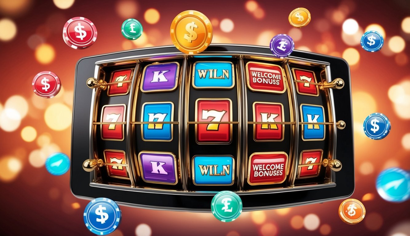 Mesin slot online berwarna-warni dikelilingi oleh bonus sambutan dan ikon berputar