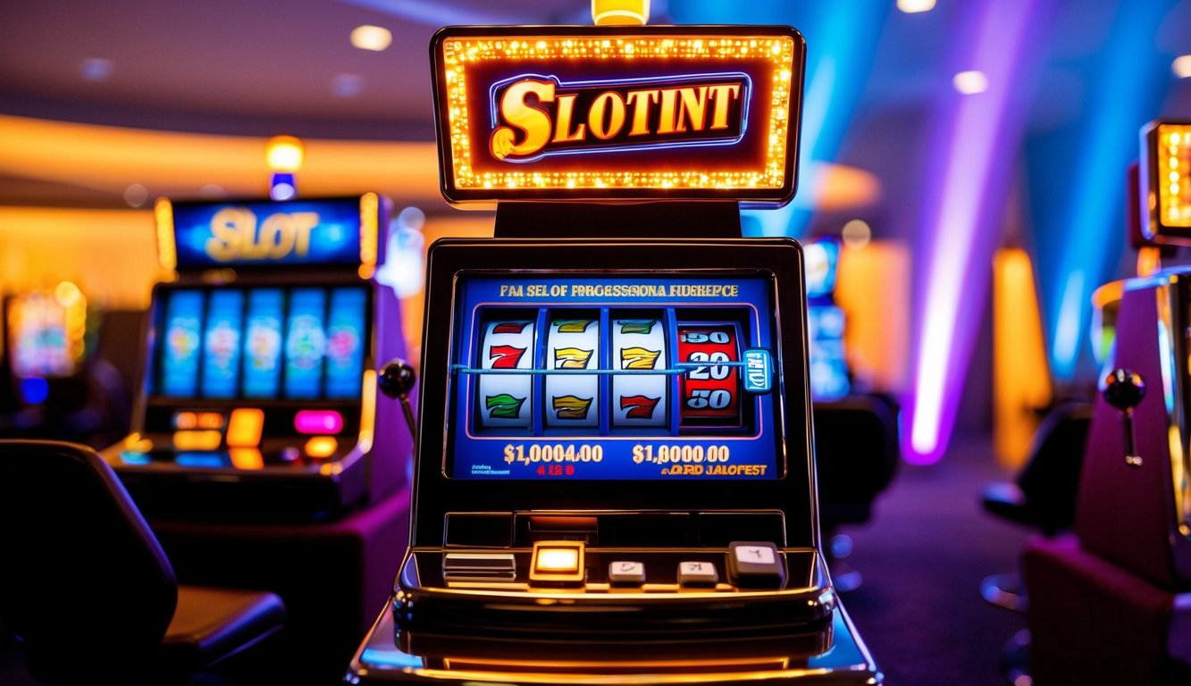 Mesin slot online yang berwarna-warni dengan lampu berkedip dan jackpot progresif yang besar dan terus berkembang