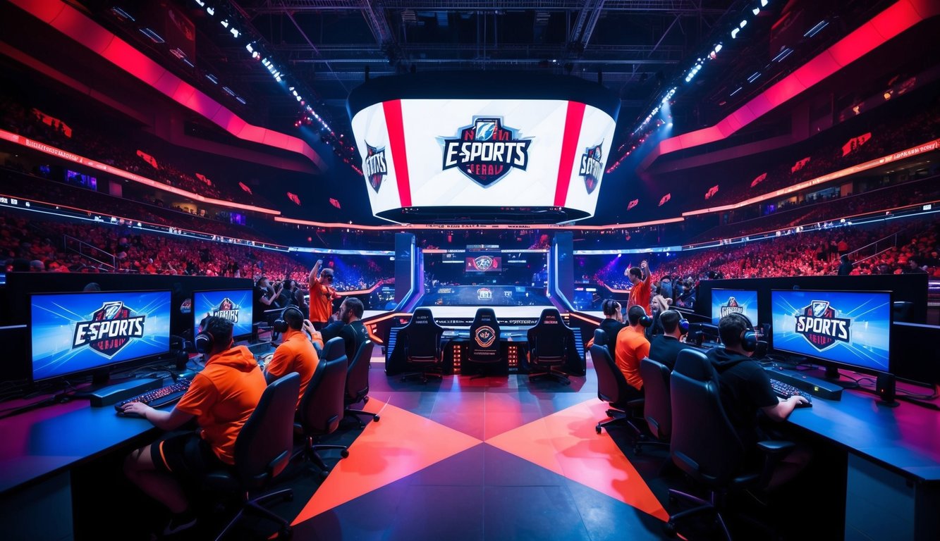 Arena E-sports yang dinamis dengan grafik yang cerah dan penggemar yang bersorak