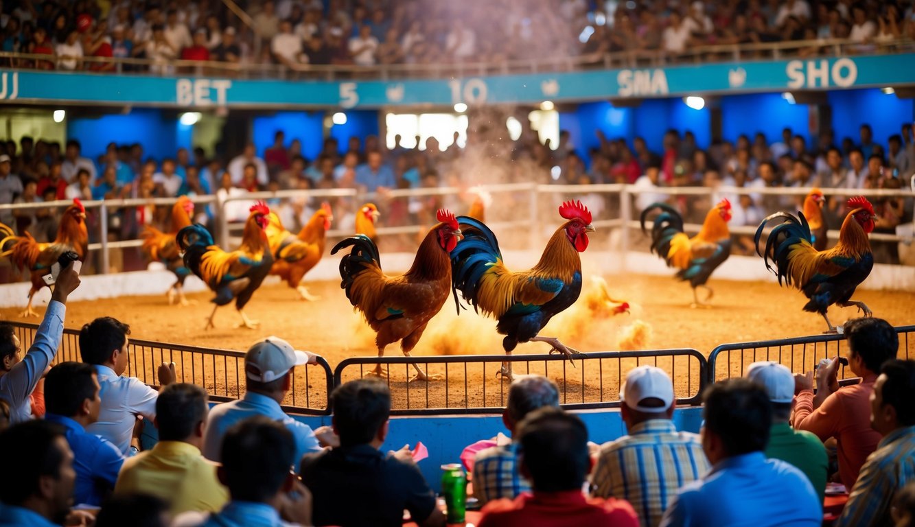 Sebuah arena sabung ayam yang ramai dan meriah dengan ayam jantan berwarna-warni yang sedang bertarung, dikelilingi oleh penonton yang antusias memasang taruhan.