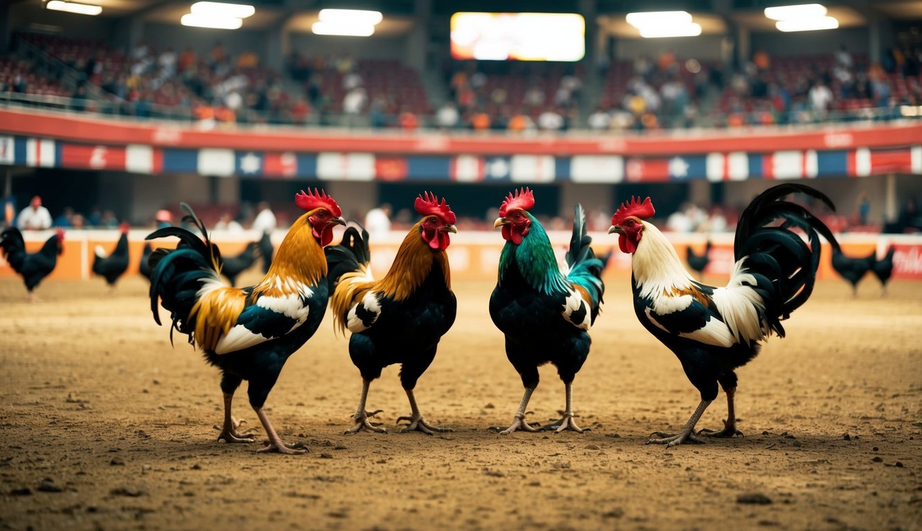 Sebuah arena yang ramai dengan ayam jantan berwarna-warni yang bertarung dalam berbagai pertandingan sabung ayam internasional