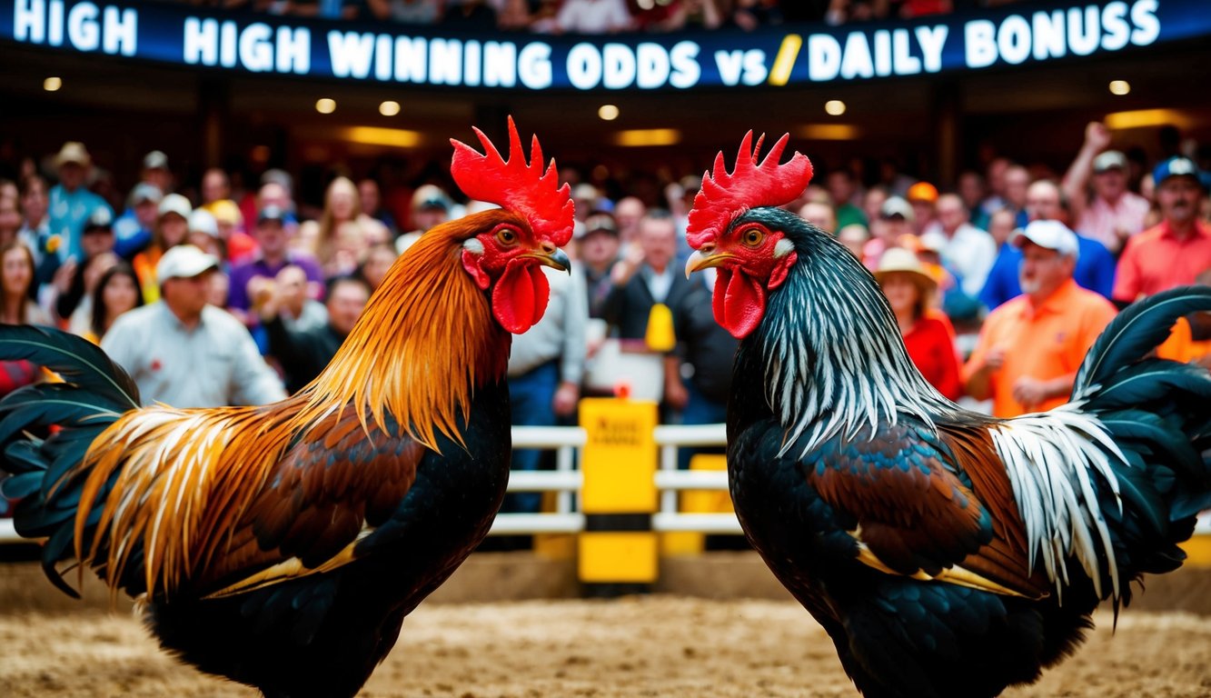 Dua ayam jantan berhadapan di arena yang ramai, dikelilingi oleh penonton yang antusias, dengan spanduk yang mengiklankan peluang menang tinggi dan bonus harian