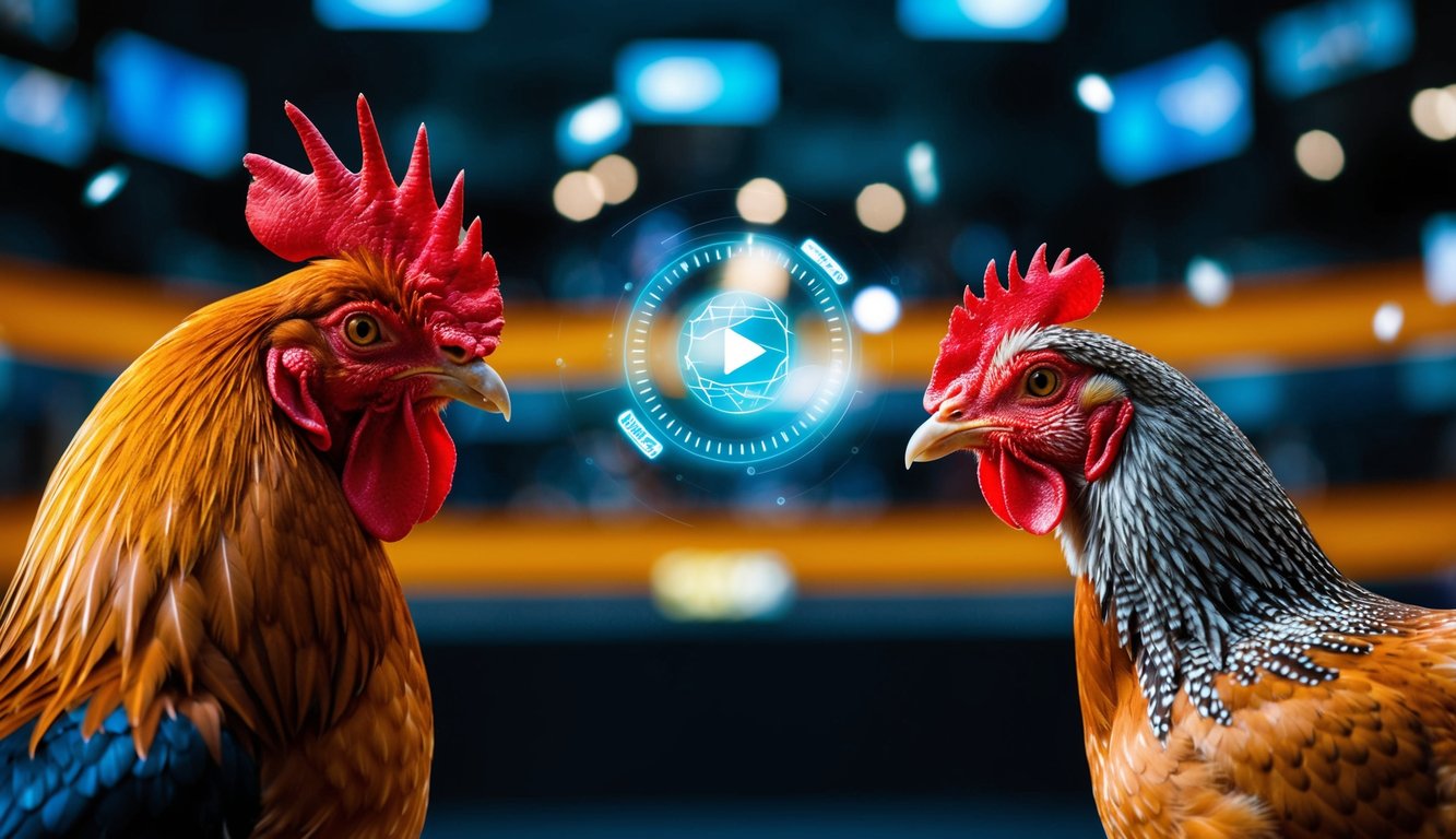 Seekor ayam jantan dan seekor ayam betina berhadapan dalam pertandingan sabung ayam online, dengan transaksi cepat dan lancar yang terjadi di latar belakang.