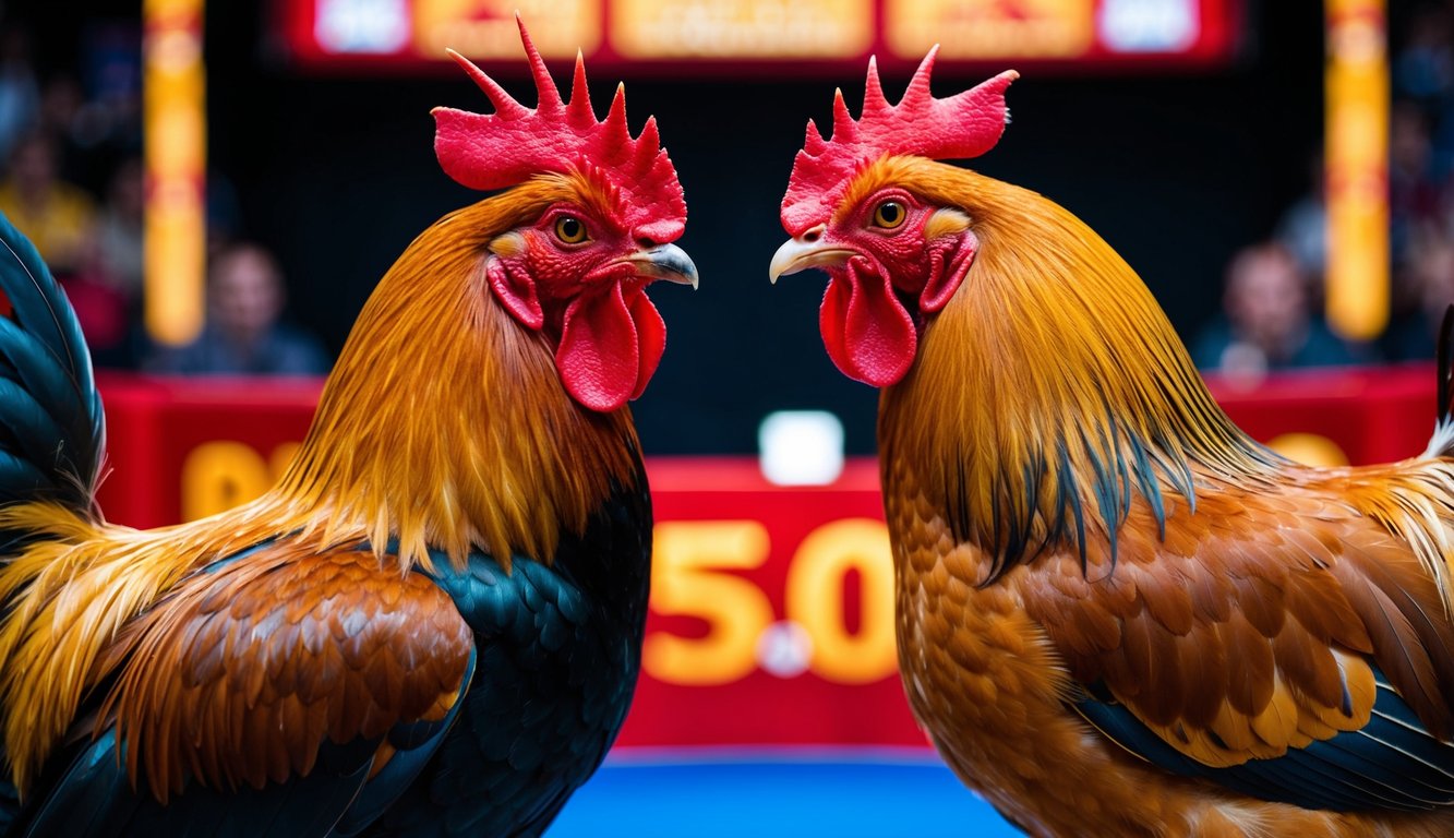 Seekor ayam jantan dan ayam betina berhadapan dalam sabung ayam online yang meriah dengan jackpot besar dan hadiah bonus yang menggoda