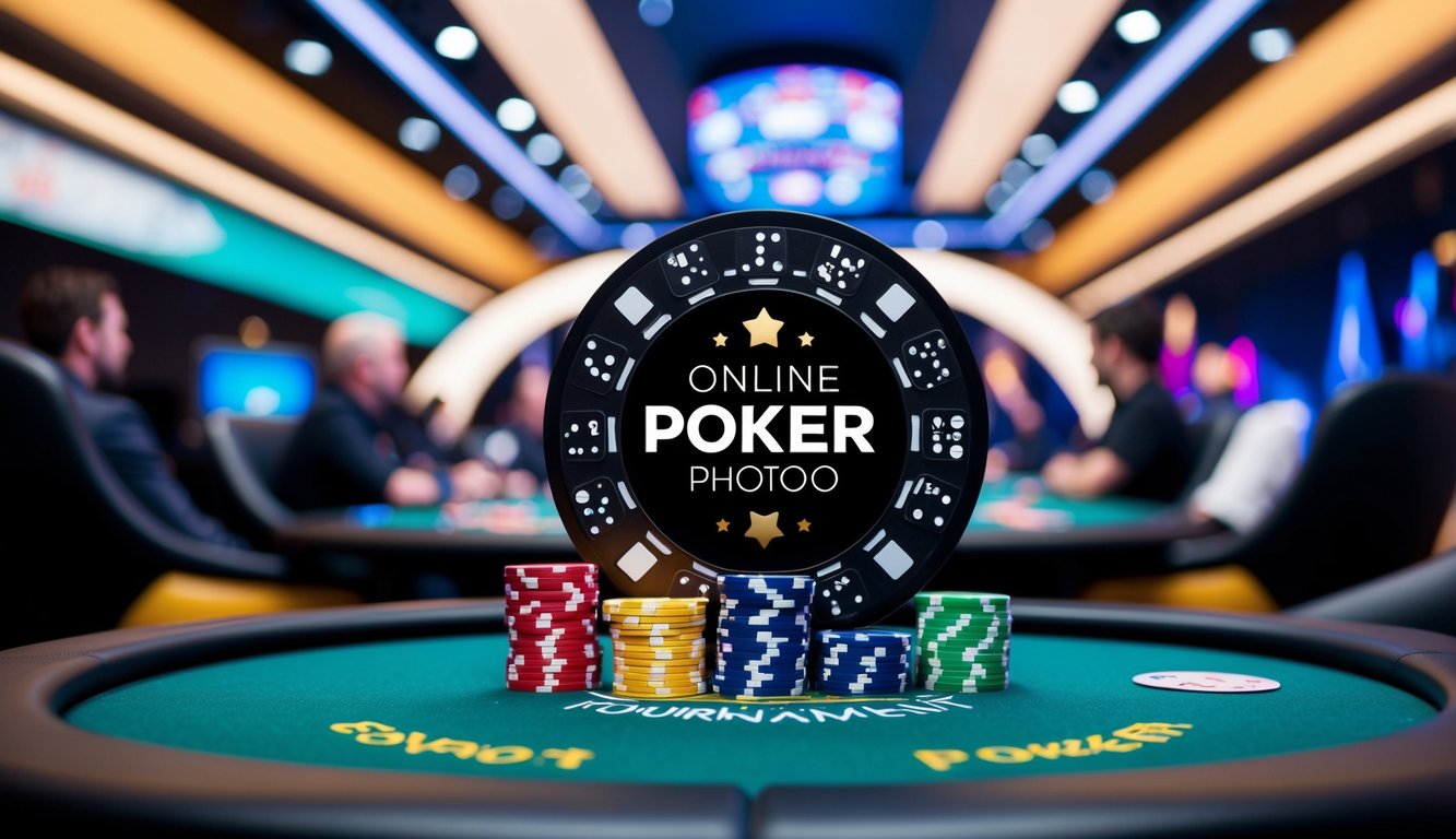 Turnamen poker online yang ramai dengan hadiah utama, dikelilingi oleh latar belakang grafis yang ramping dan modern serta warna-warna yang cerah