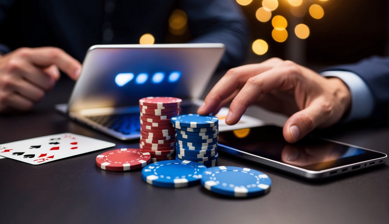 Sebuah meja dengan chip poker, kartu, dan perangkat digital, melambangkan permainan poker online yang terpercaya dengan pembayaran cepat dan tanpa biaya.