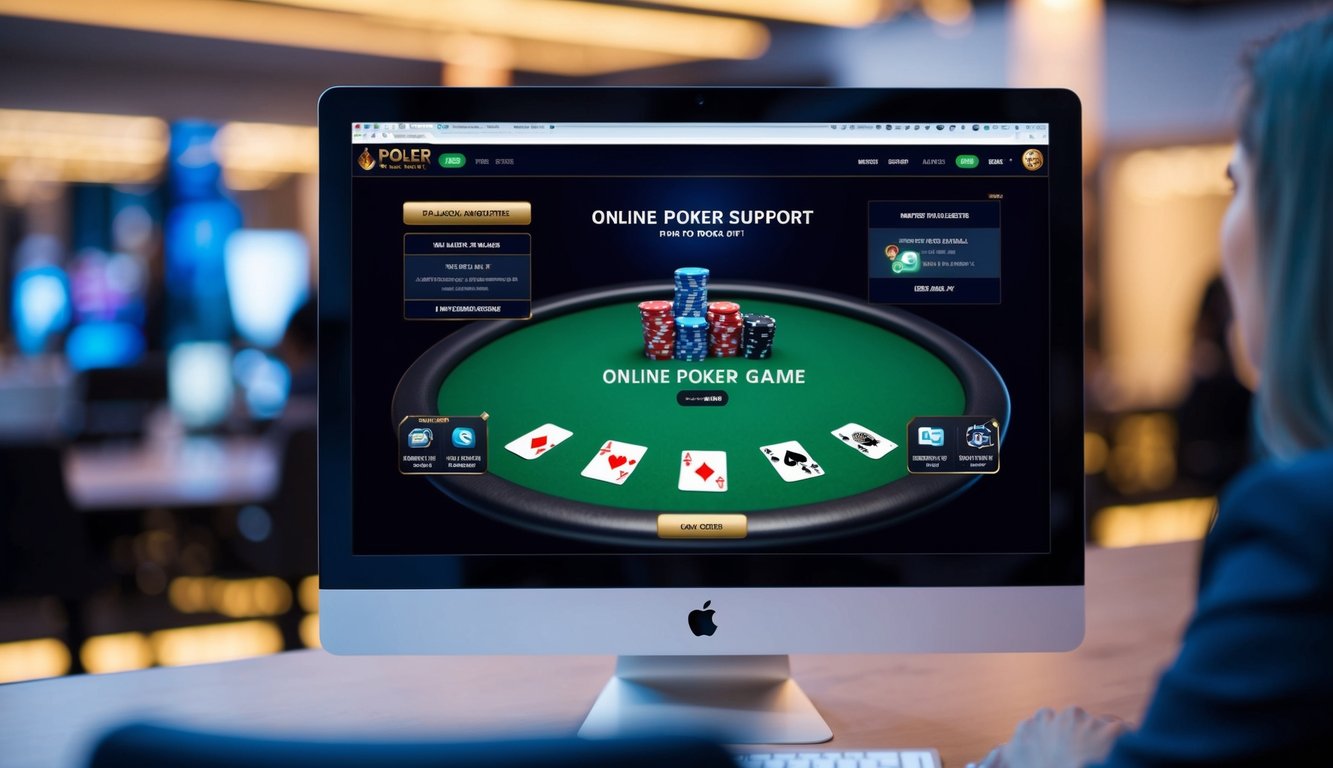 Sebuah layar komputer menampilkan permainan poker online dengan tombol dukungan 24 jam dan fitur obrolan langsung untuk kenyamanan pemain