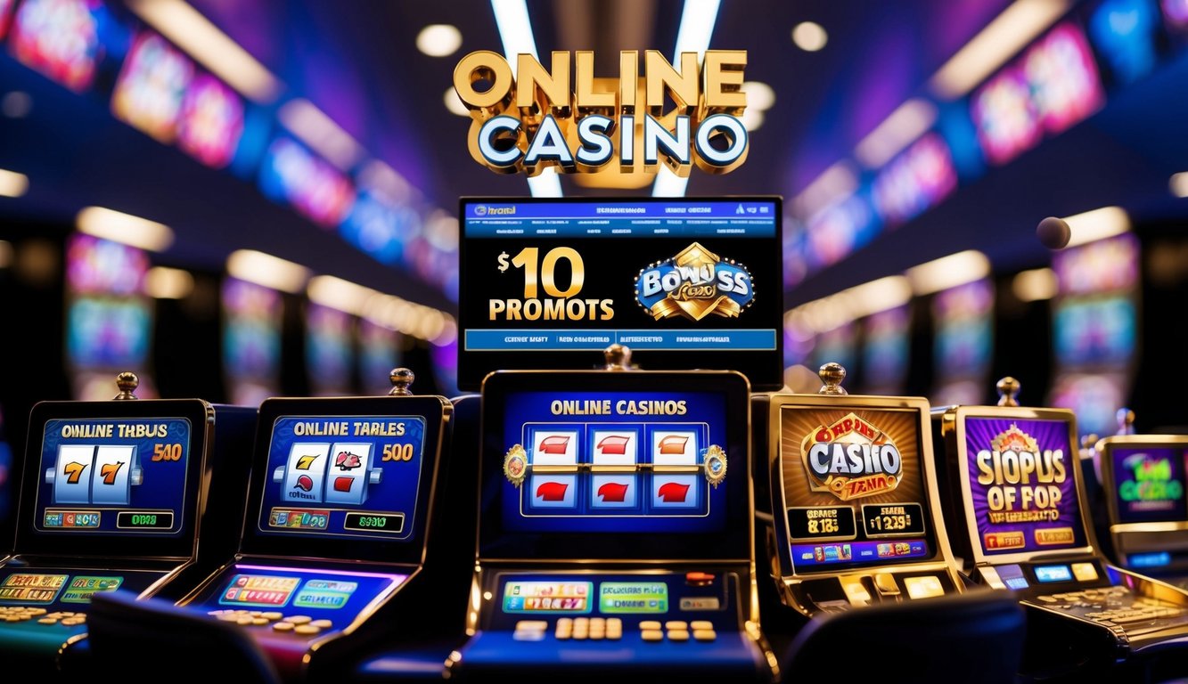 Sebuah scene kasino online yang hidup dengan bonus dan promosi yang menggoda, menampilkan berbagai meja permainan dan mesin slot yang disetel di latar belakang yang ramping dan modern.