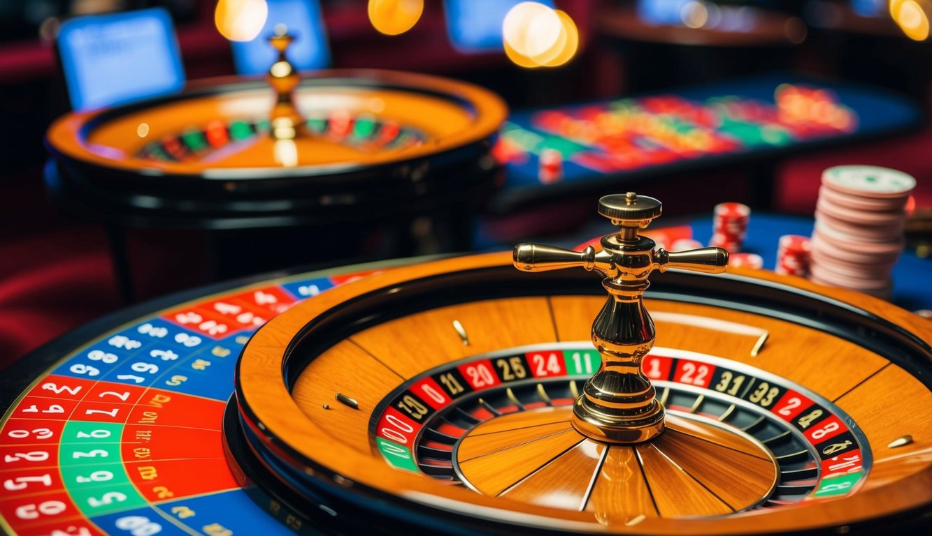 Sebuah platform roulette online yang berwarna-warni dengan berbagai jenis meja dan opsi taruhan yang fleksibel