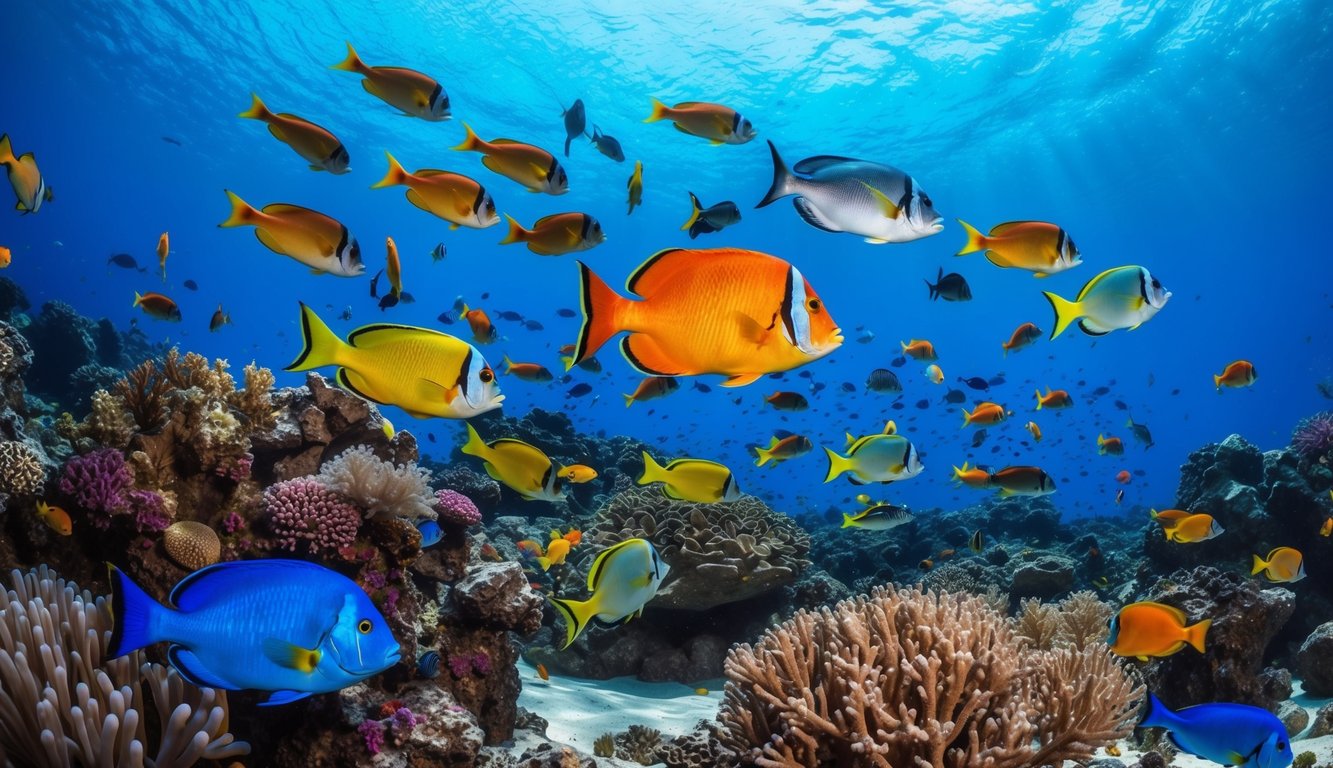 Dunia bawah laut yang penuh warna dengan ikan-ikan berwarna-warni dan aksi tembak yang dinamis