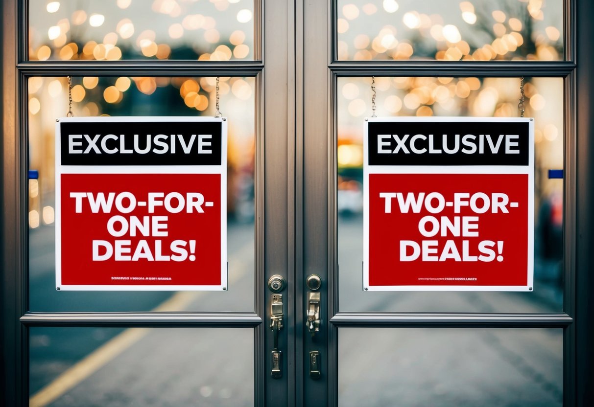 Two store doors with "Exclusive Two-for-One Deals!" signage