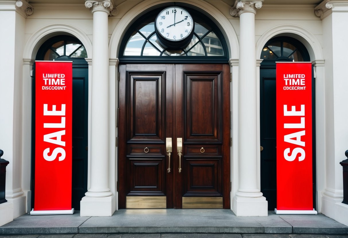 Two grand double doors stand open, flanked by red sale banners. A clock overhead counts down the limited-time discount