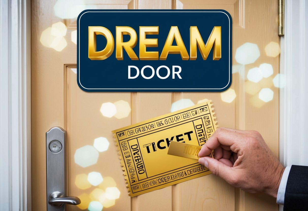 A hand scratching off a golden ticket on a door with a large "Dream Door" sign above