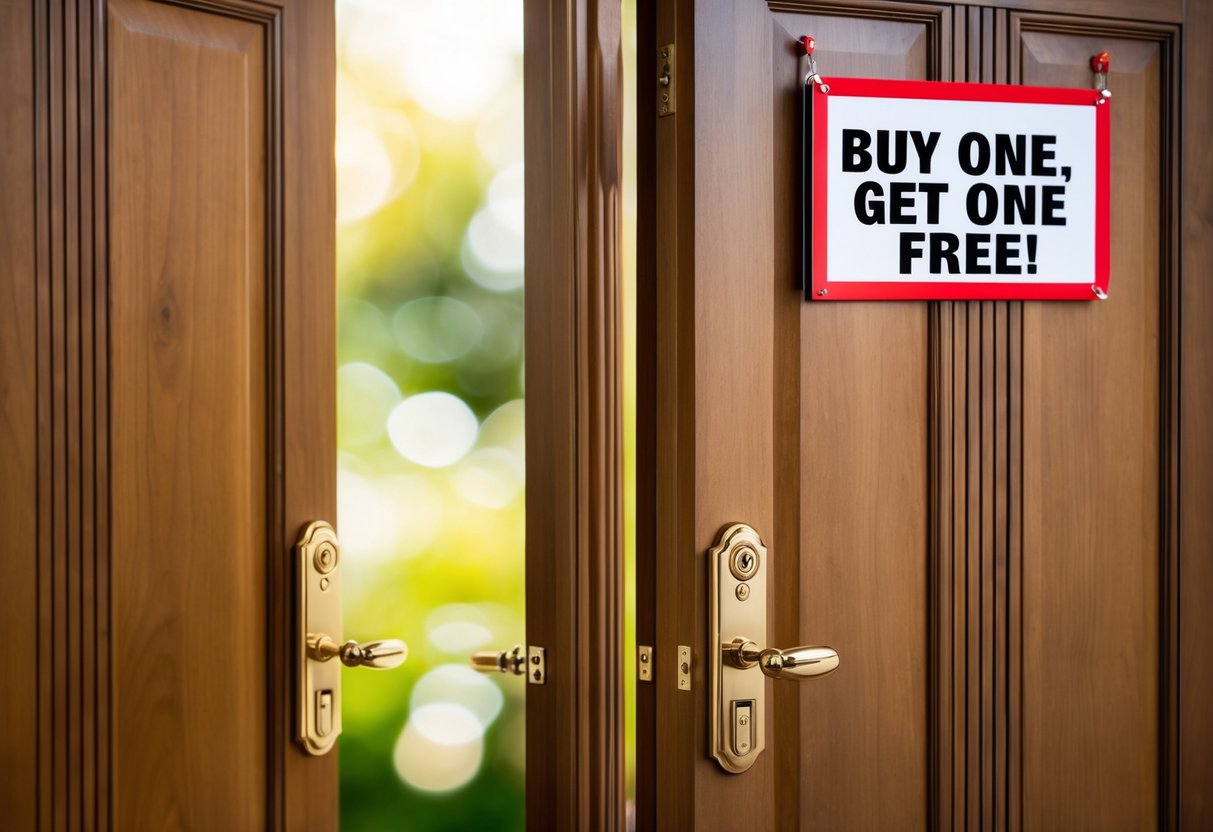 Two wooden doors, one open and one closed, with a sign advertising "Buy One, Get One Free" promotion