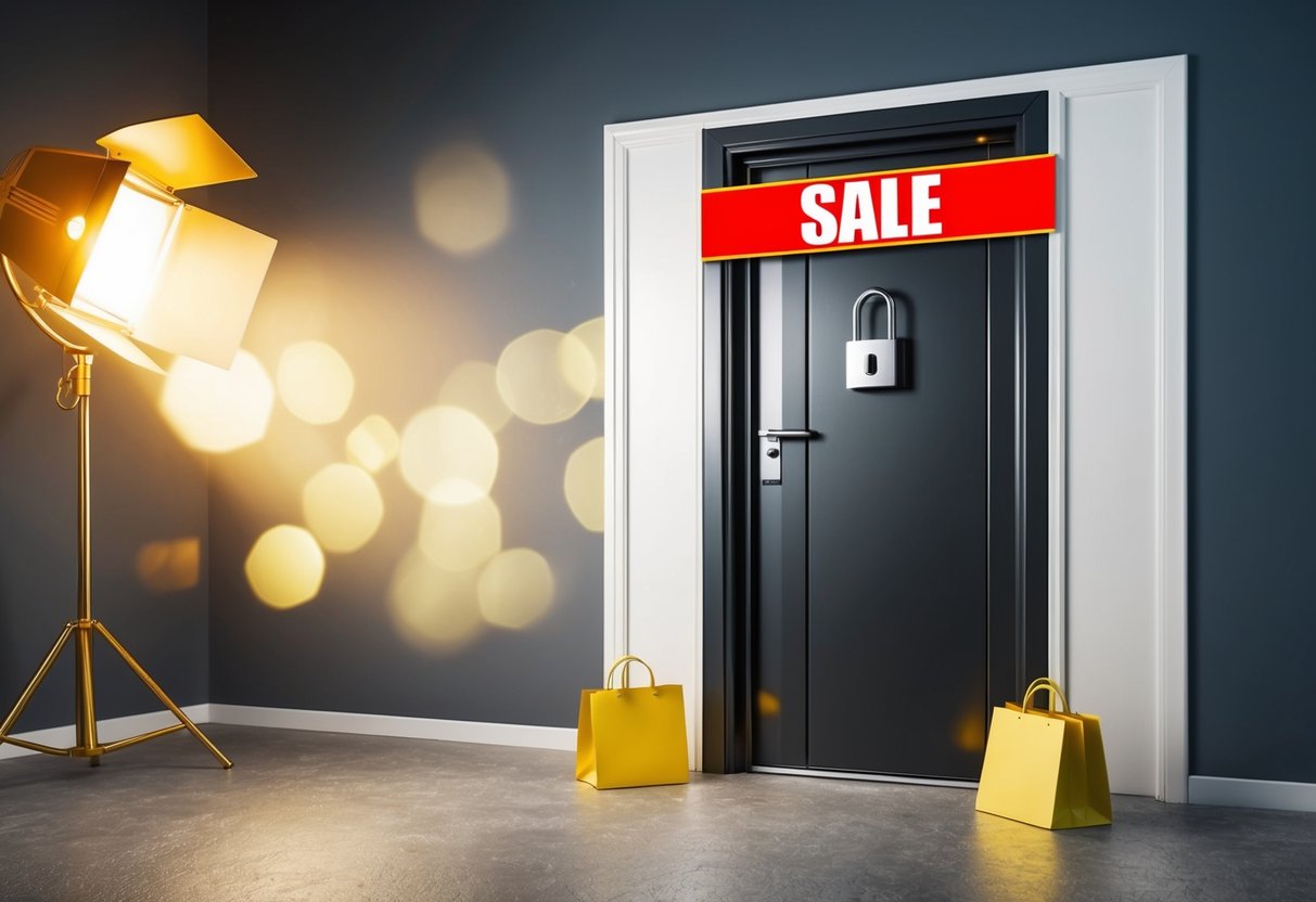 A sturdy security door with a sleek design, surrounded by a golden spotlight and a bold "Sale" banner