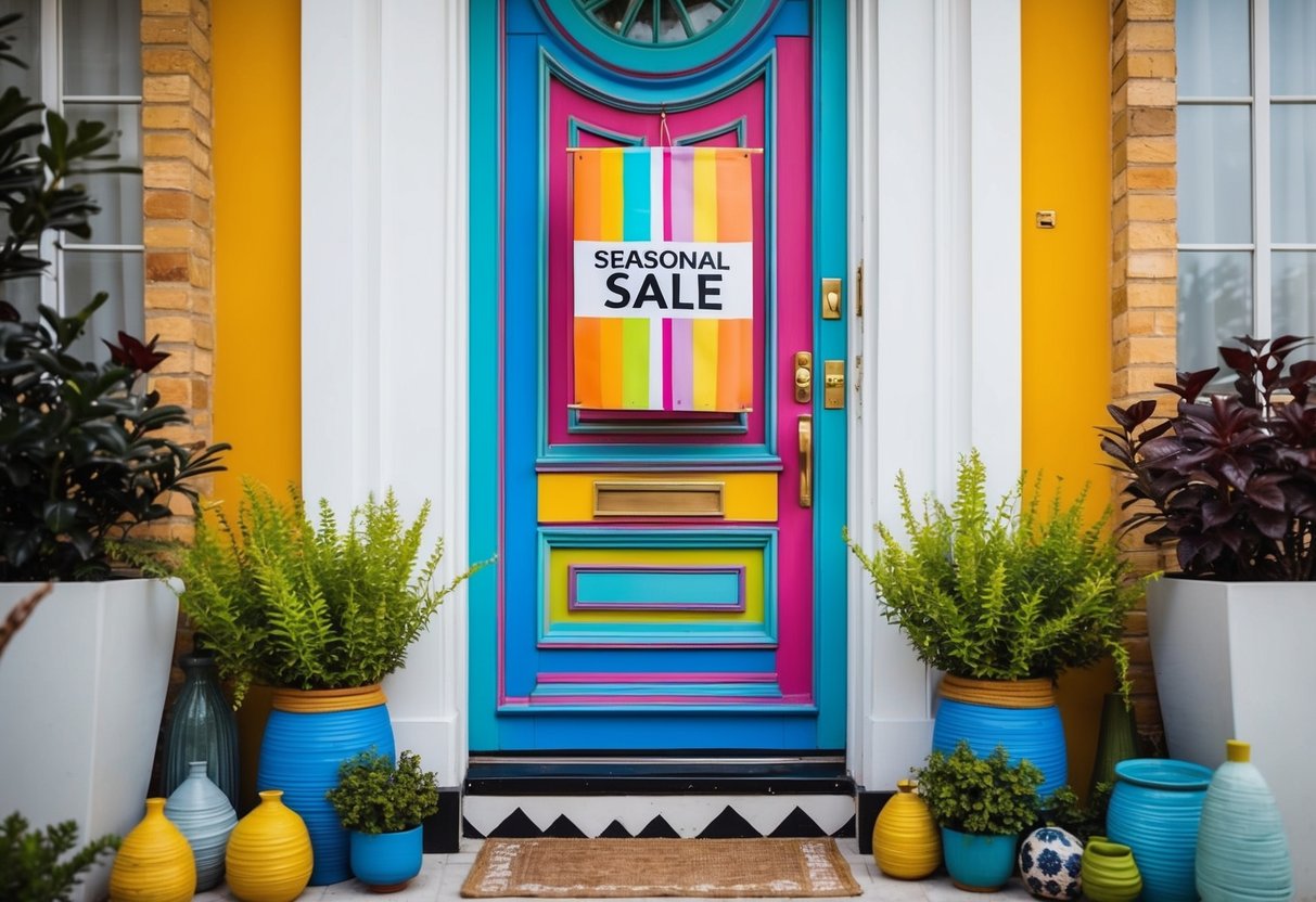 A colorful door with a "Seasonal Sale" sign surrounded by decorative elements and plants, drawing attention to the entrance