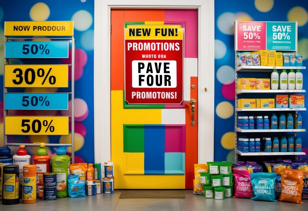 A colorful door with a large sign advertising promotions, surrounded by various products and discounts