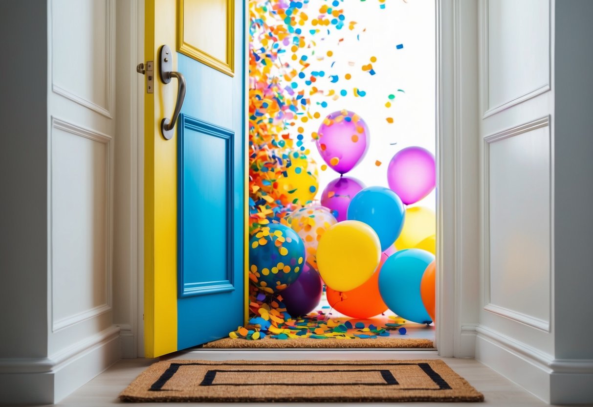 A colorful door with a large, inviting handle stands open, revealing a burst of confetti and balloons spilling out onto a welcoming doormat