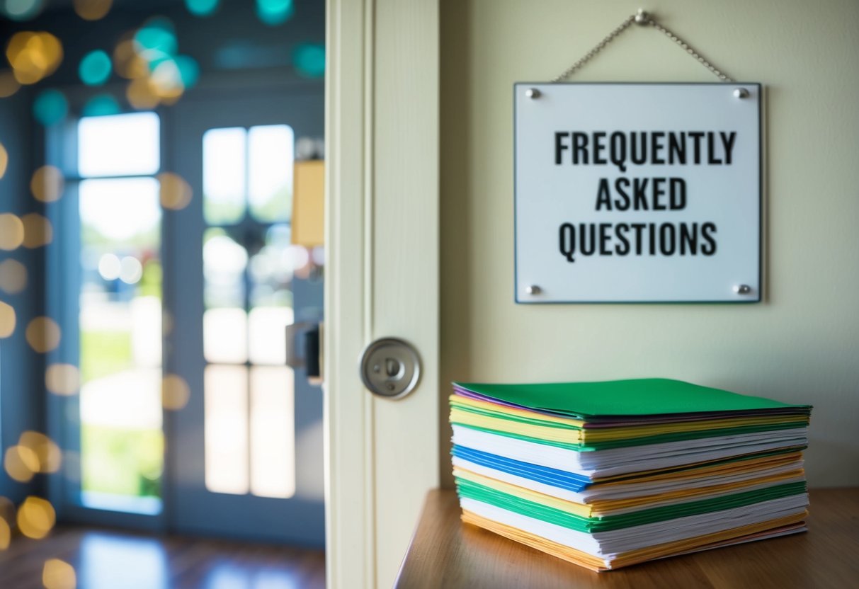 A stack of colorful flyers next to a door with a sign reading "Frequently Asked Questions" above it