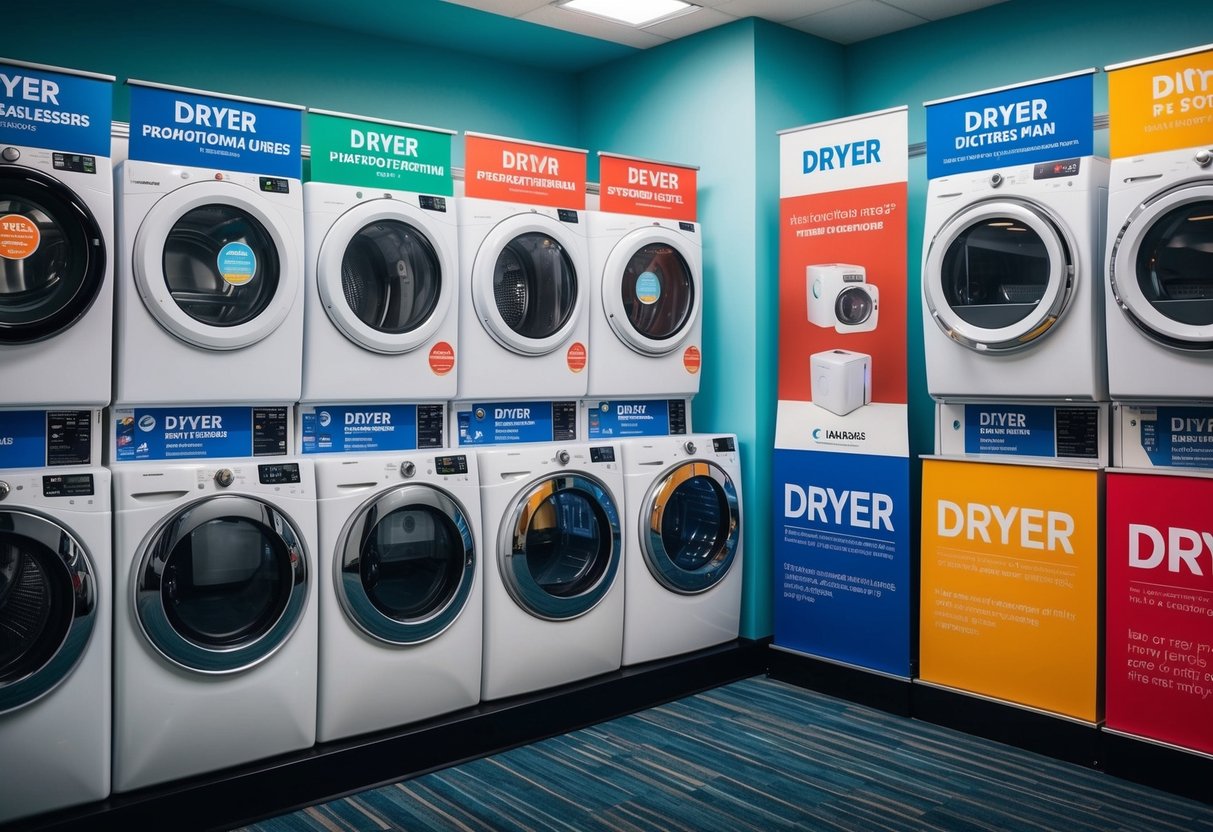 A colorful display of various dryer models with promotional signs and banners