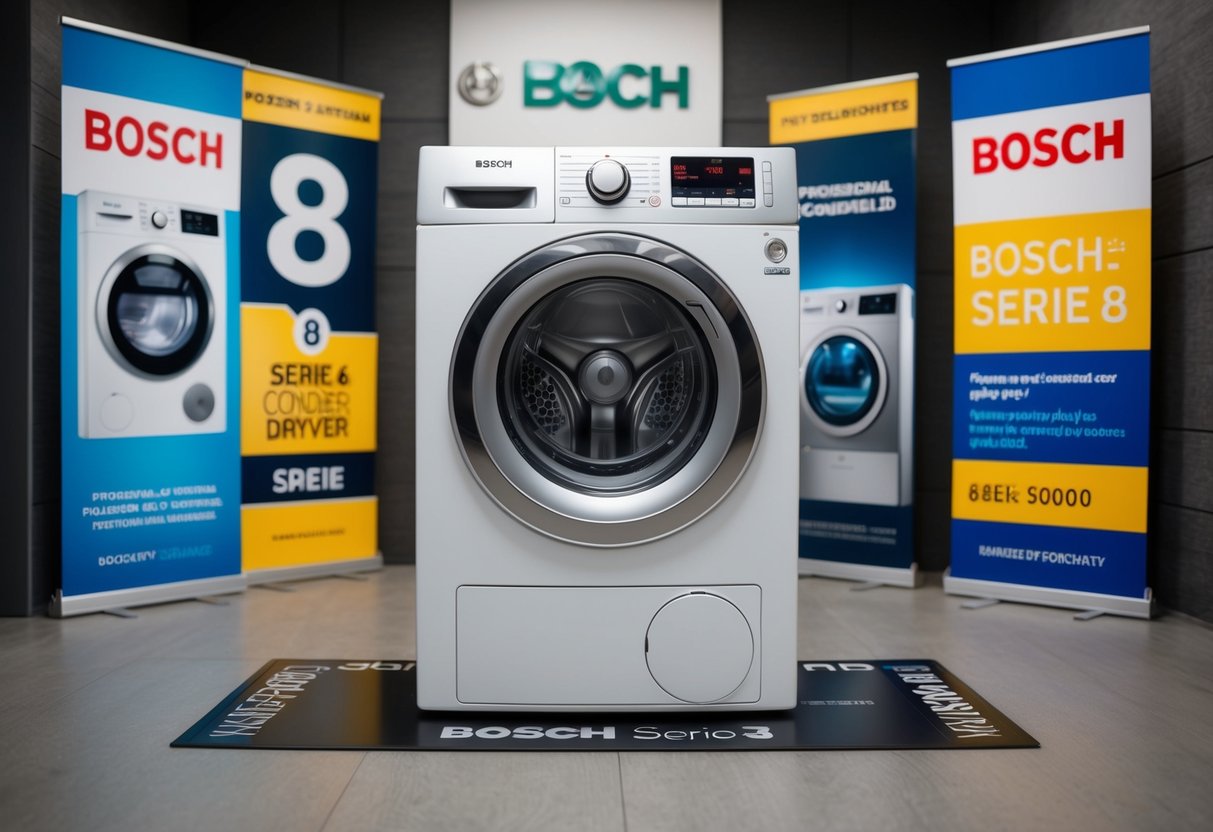 A sleek Bosch Serie 8 Condenser Dryer surrounded by promotional banners and signs
