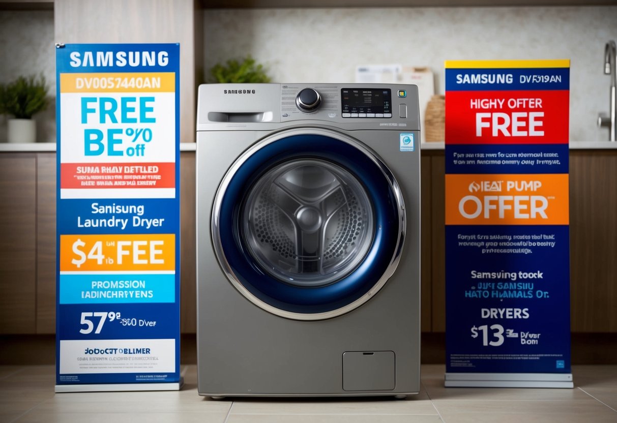 A sleek Samsung DV90T5240AN Heat Pump Dryer stands in a modern laundry room, surrounded by promotional signage and offers
