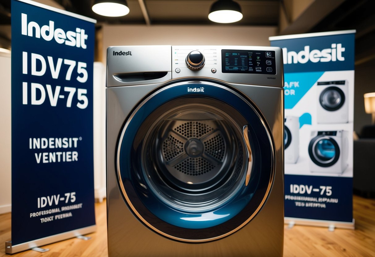 A modern, sleek Vented Dryer with the Indesit IDV75 logo prominently displayed, surrounded by promotional graphics and banners