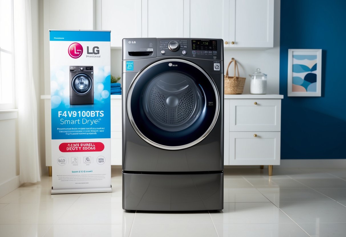 A modern, sleek LG F4V910BTS Smart Dryer displayed with promotional signage in a bright, clean laundry room setting