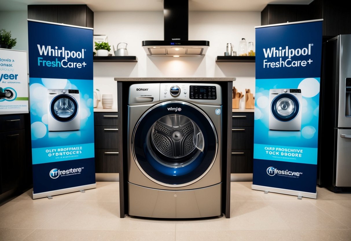 A modern kitchen with a sleek Whirlpool FreshCare+ Dryer prominently displayed, surrounded by promotional materials and banners