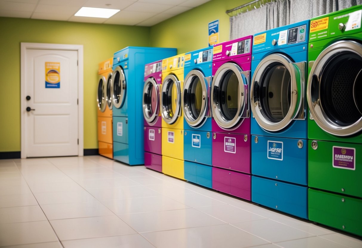 A brightly lit laundry room with a row of colorful, modern dryers displaying promotional stickers and banners