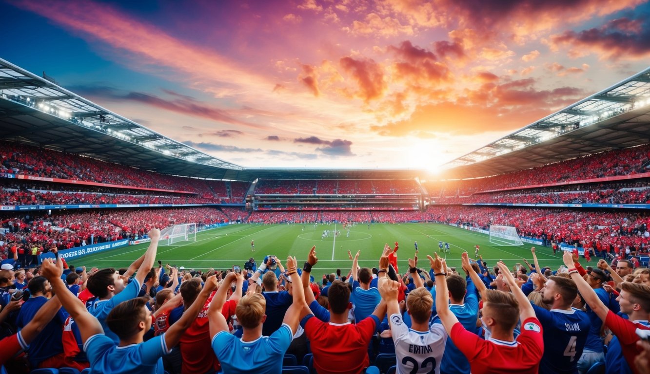 Sebuah stadion olahraga yang ramai dipenuhi dengan penggemar yang bersorak dan pemain yang sedang beraksi