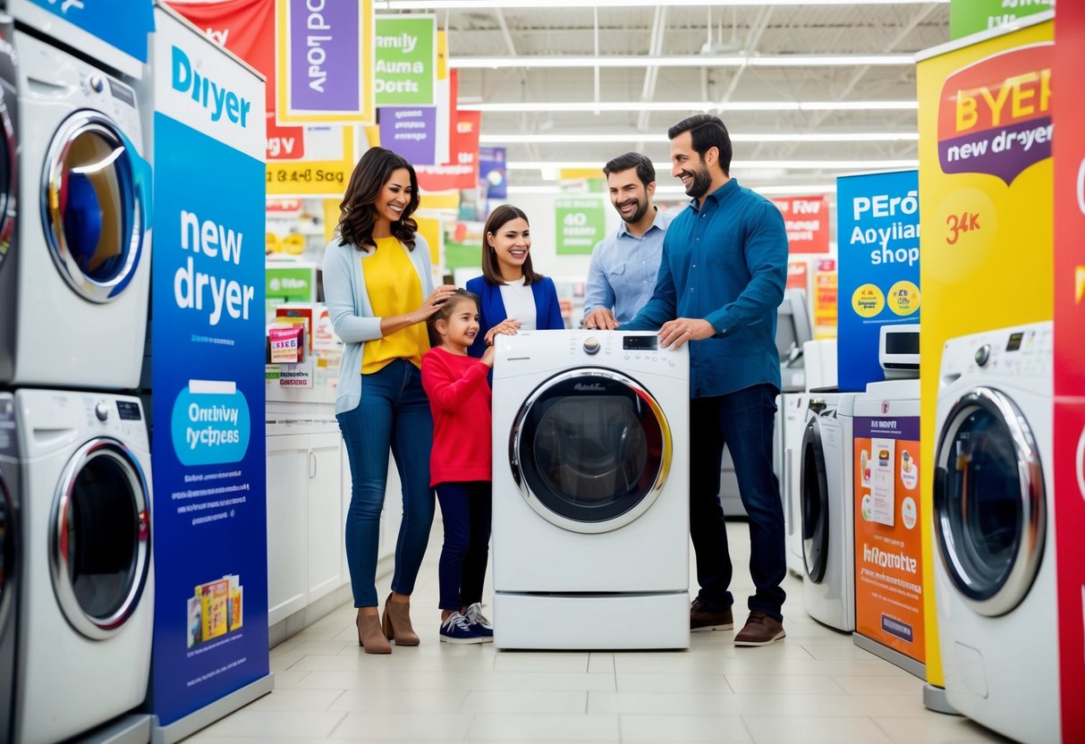A family happily shops for a new dryer, surrounded by colorful promotional banners and signs in a busy appliance store