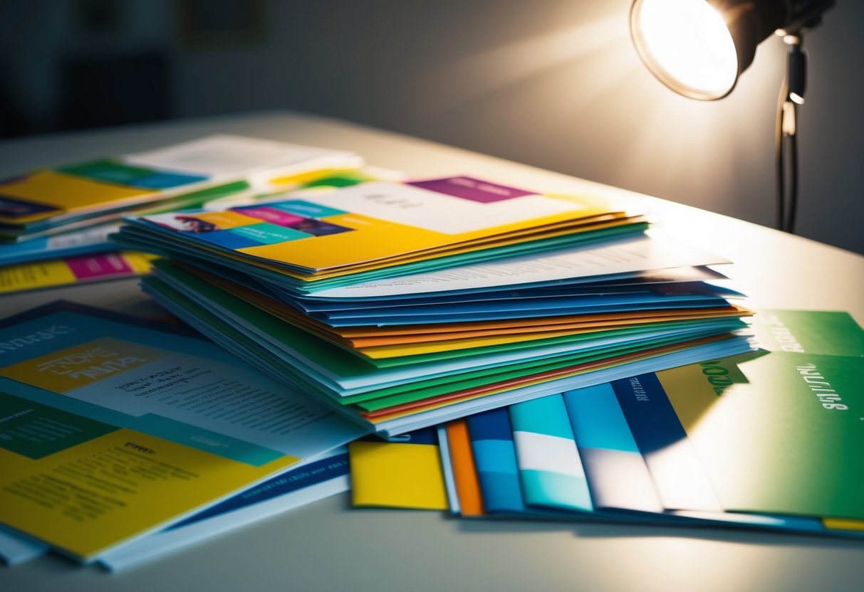 A stack of colorful flyers and brochures spread out on a table, with a bright spotlight shining down on them