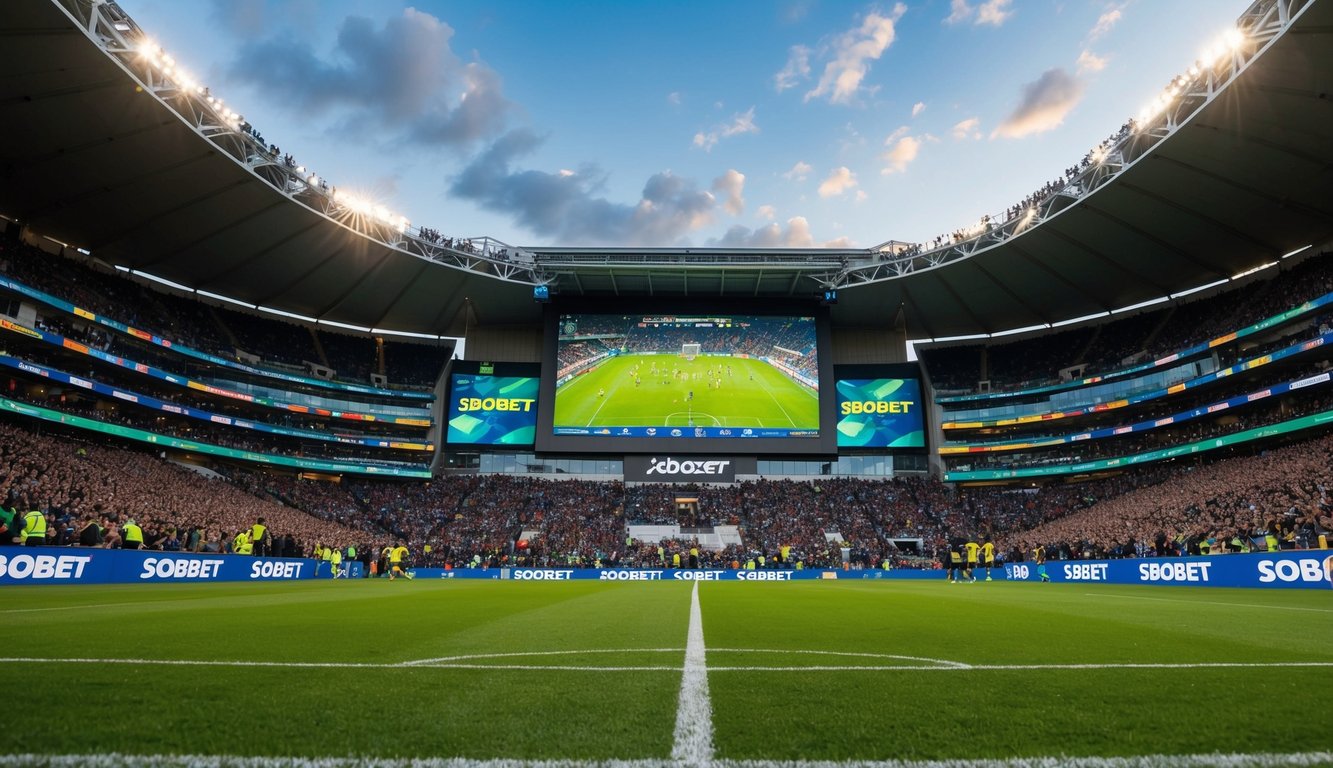 Sebuah stadion yang ramai dengan layar besar yang menampilkan pertandingan olahraga secara langsung, dikelilingi oleh merek dan logo SBOBET