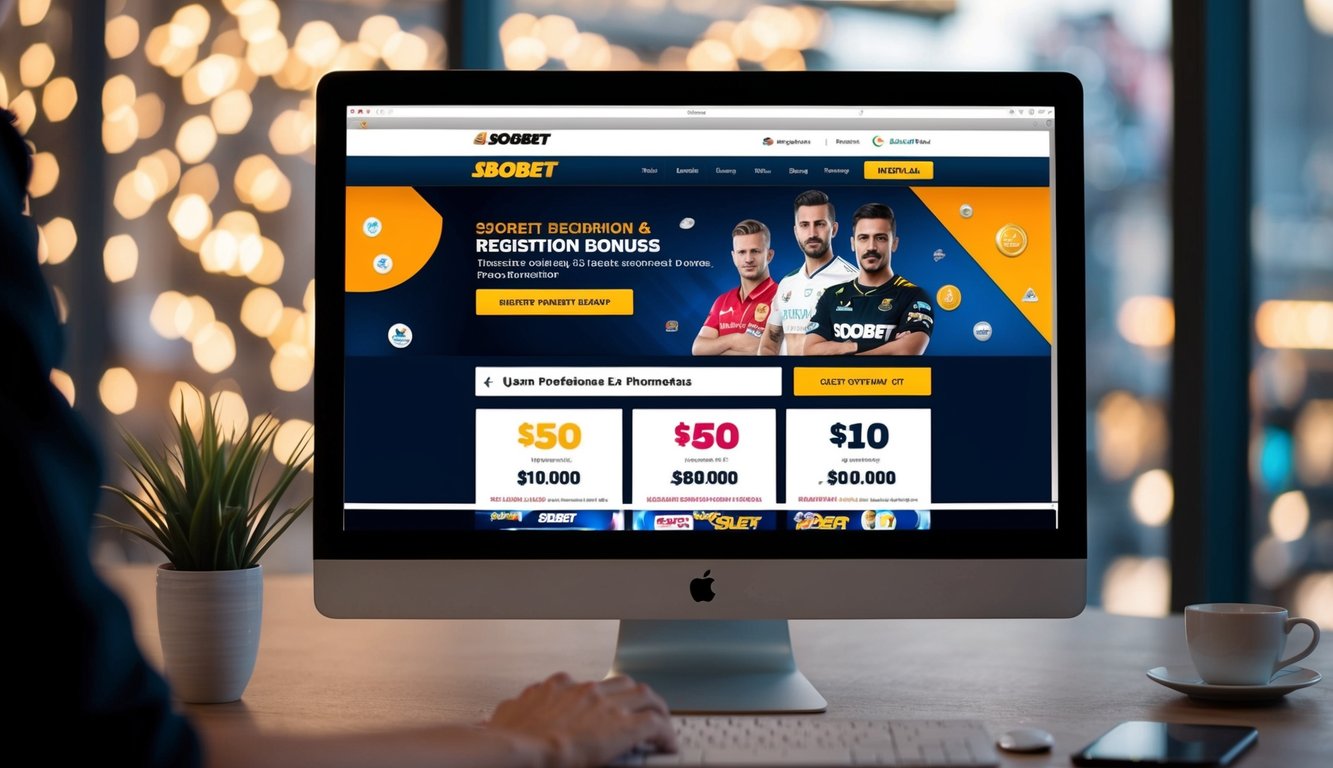 Sebuah layar komputer yang menampilkan situs web taruhan online SBOBET dengan bonus pendaftaran dan promosi yang menarik