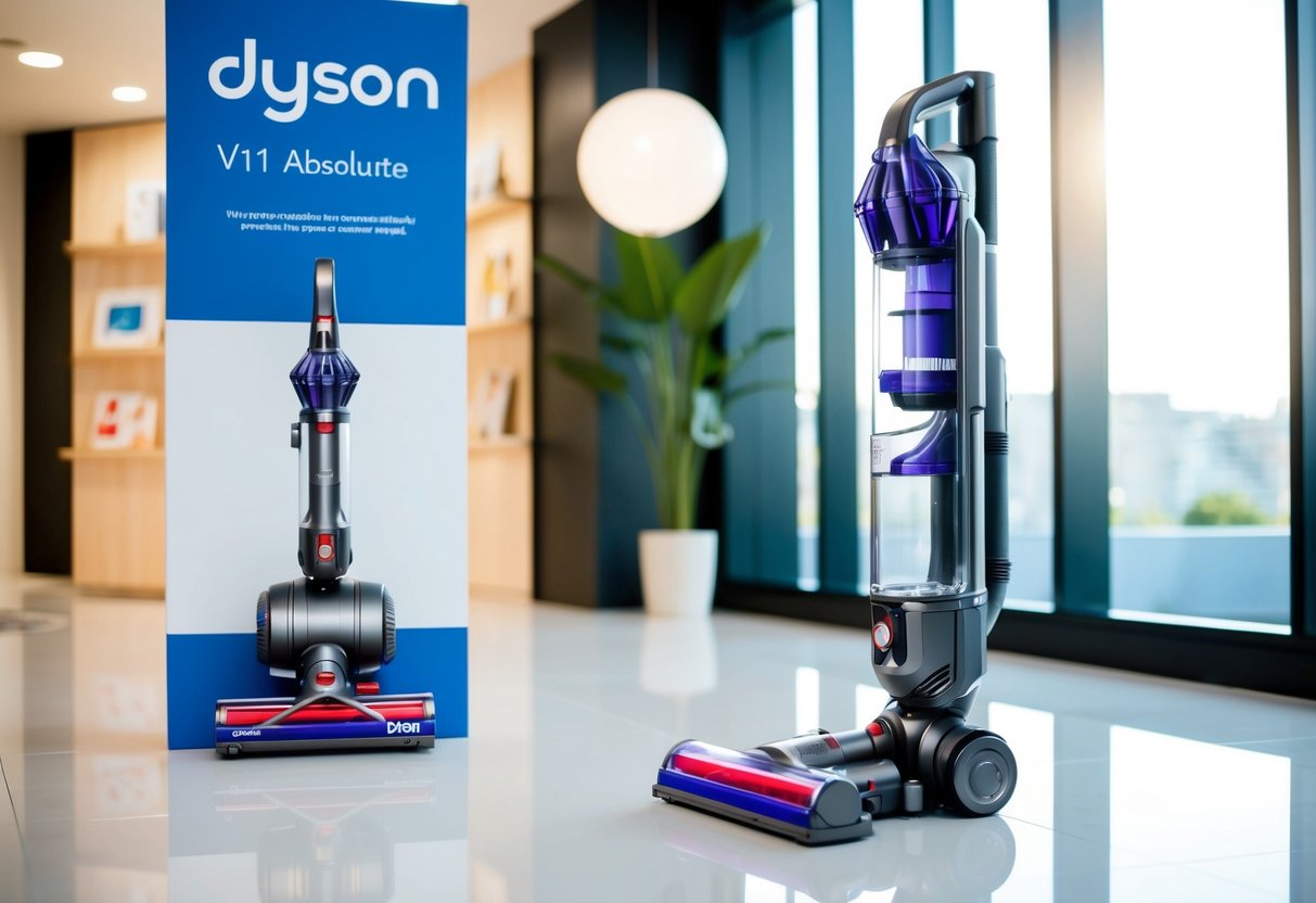 A sleek Dyson V11 Absolute vacuum stands next to a display of promotional materials in a bright, modern setting