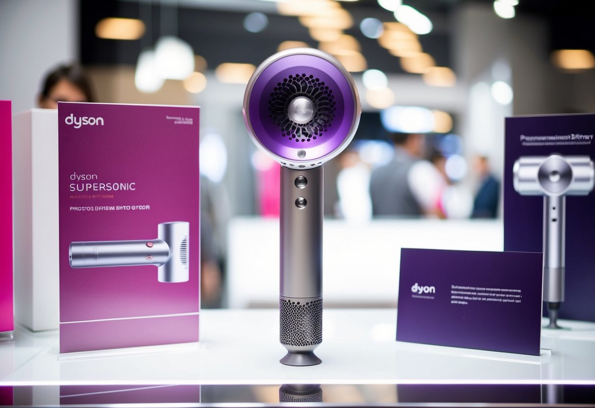 A sleek Dyson Supersonic Hair Dryer displayed with promotional materials