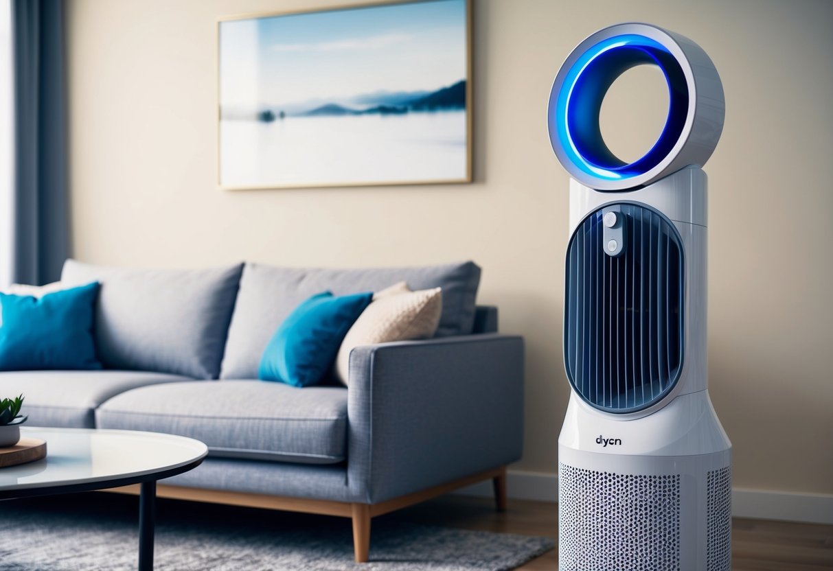 A sleek Dyson Pure Cool Tower Fan stands in a modern living room, with a soft breeze blowing and the room feeling fresh and clean