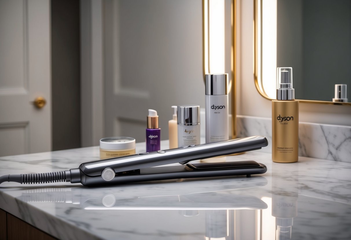 A sleek Dyson Corrale Straightener sits on a marble vanity, surrounded by soft lighting and luxurious hair products