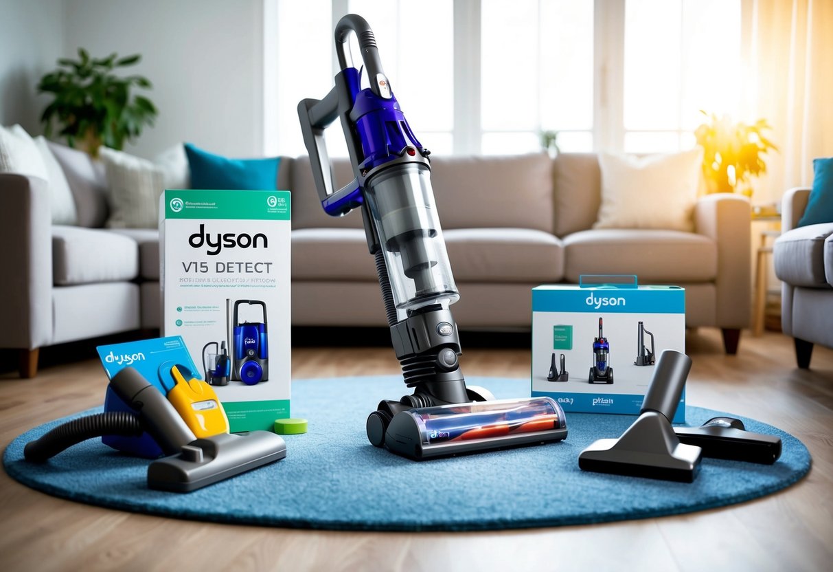 A brightly lit living room with a sleek Dyson V15 Detect vacuum prominently displayed and surrounded by various cleaning accessories and promotional materials