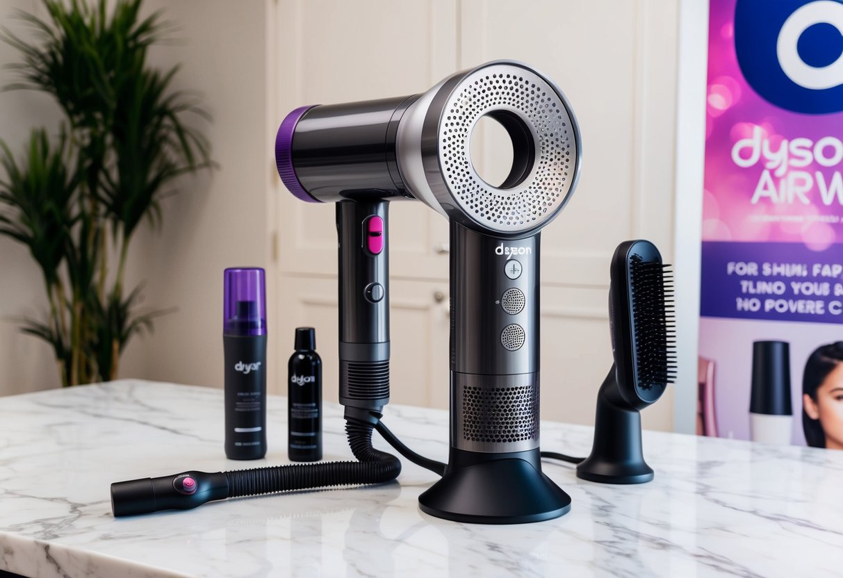 A sleek Dyson Airwrap sits on a marble countertop, surrounded by hair styling products and a promotional banner
