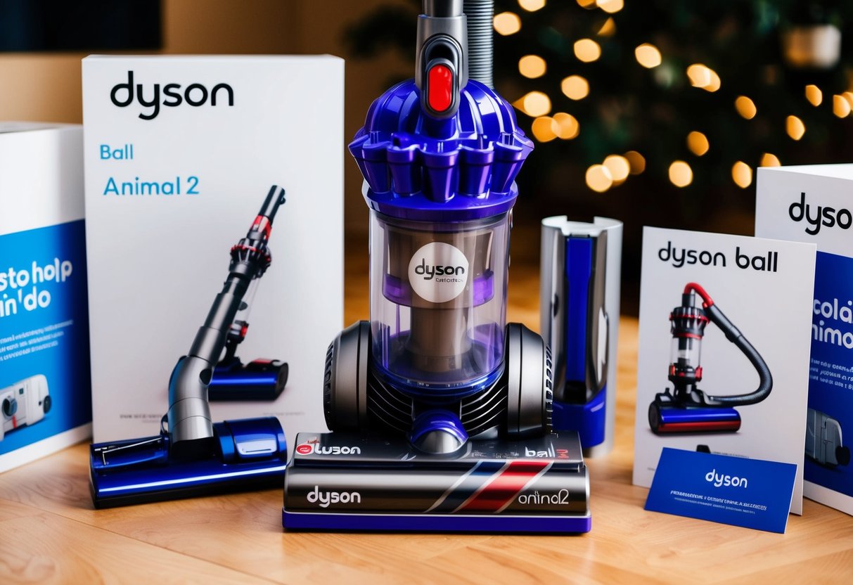 A Dyson Ball Animal 2 vacuum cleaner surrounded by promotional materials