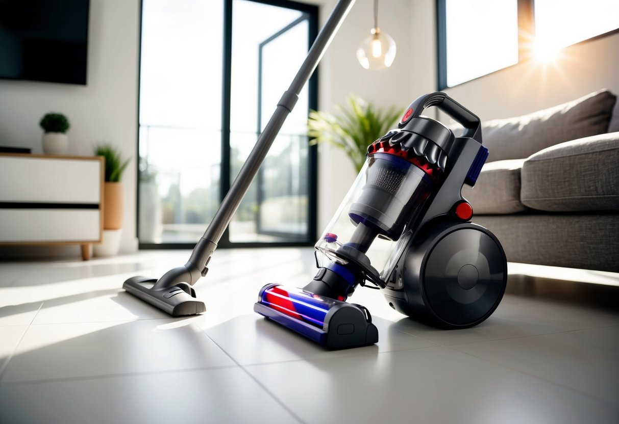 A sleek Dyson Outsize Cordless Vacuum in a modern living room, with sunlight streaming through the window onto the clean, uncluttered floor
