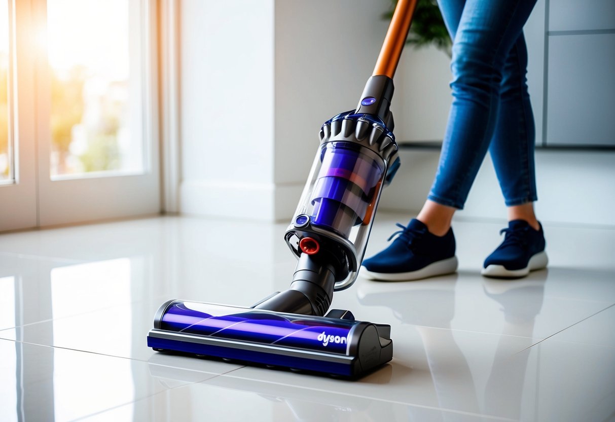 A sleek Dyson vacuum sits prominently on a clean, modern floor. Light streams in through a nearby window, highlighting the product's innovative design
