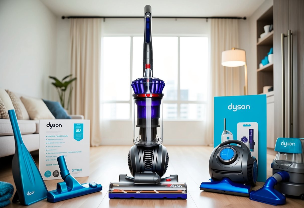 A sleek Dyson vacuum sits prominently displayed in a well-lit room, surrounded by various cleaning accessories and promotional materials