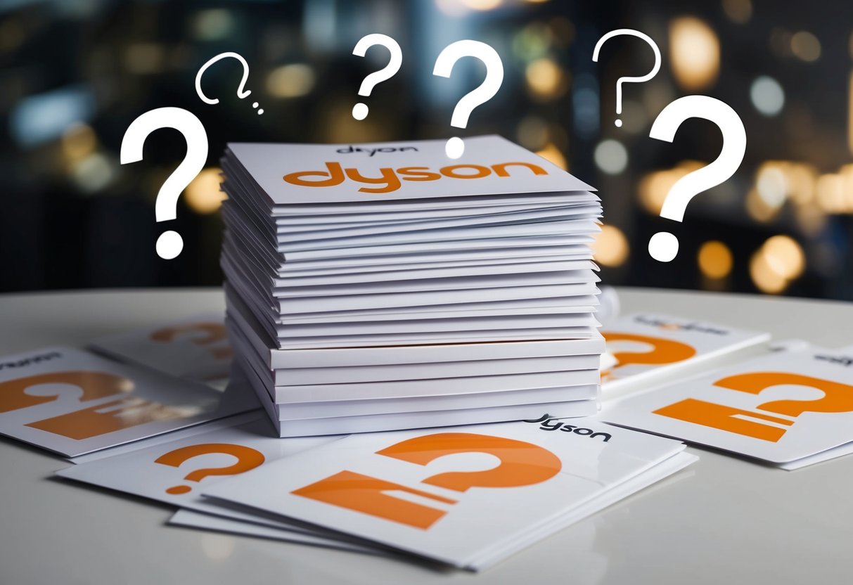 A stack of promotional materials with the Dyson logo, surrounded by question marks and a sense of curiosity