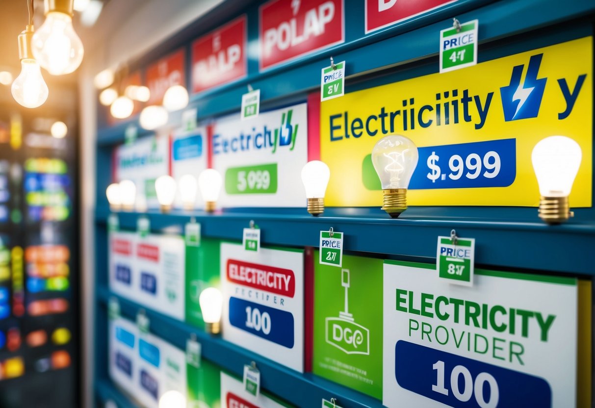 A colorful display of electricity provider promotions with logos, lightbulbs, and price tags