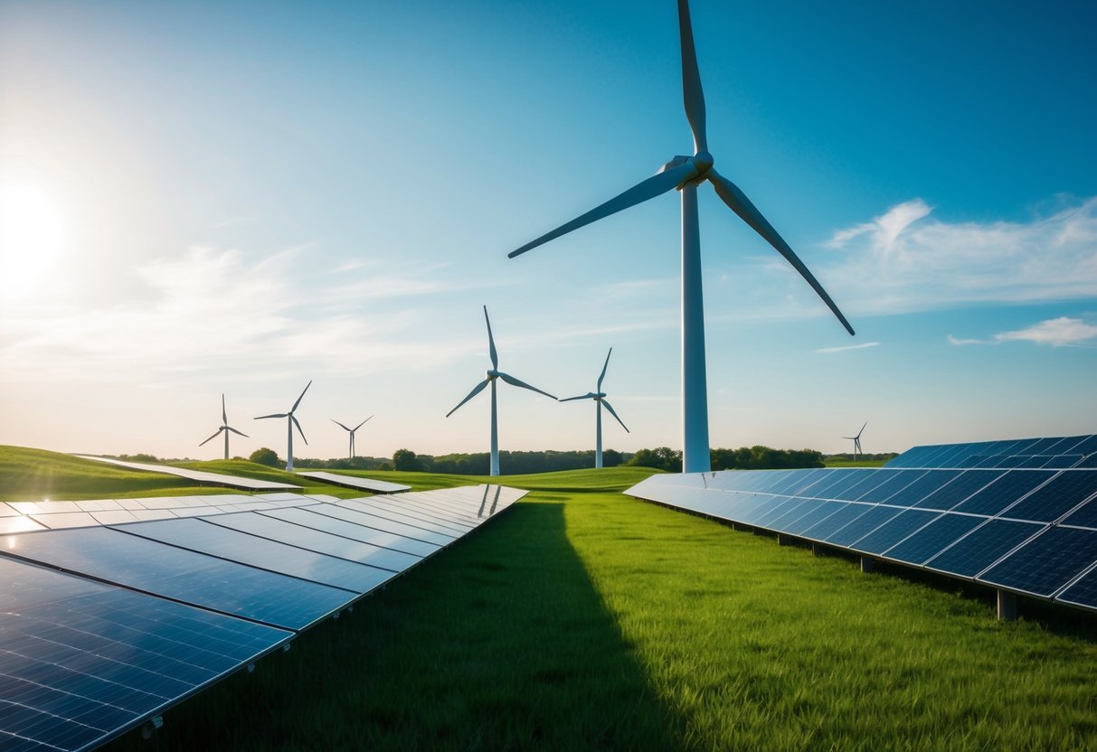 A lush green landscape with wind turbines and solar panels under a bright sun