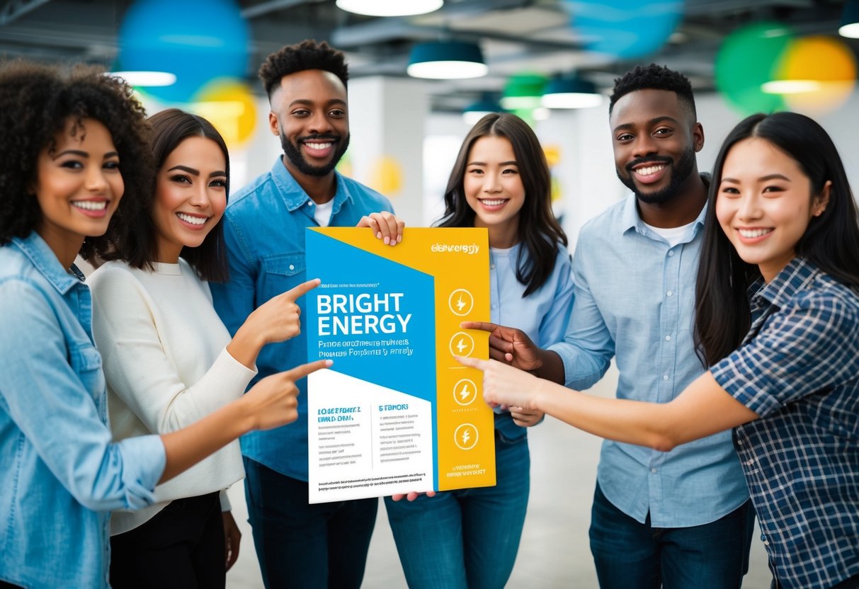 A group of friends smiling and pointing at a BrightEnergy promotional flyer. Bright colors and energy symbols surround the flyer